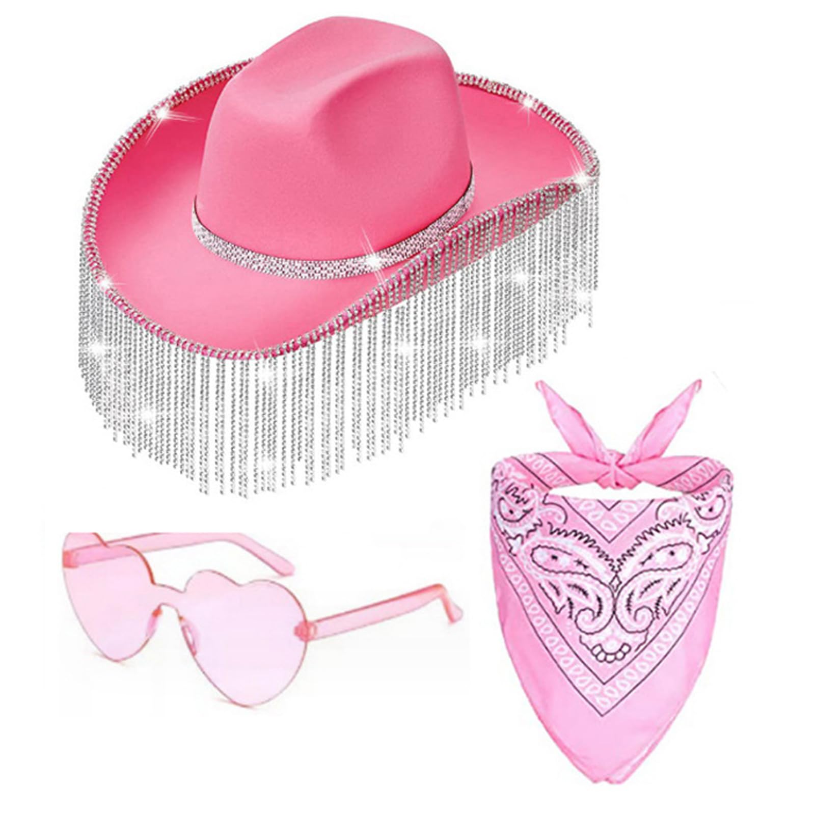 TAKOXIA Cowboyhut, 3-teiliges Set mit Herz-Sonnenbrille, Kopftuch und Cowboyhut, für Karneval, Sonnenschutz, Braut, Cowboyhut mit Strass-Quasten, Dekor