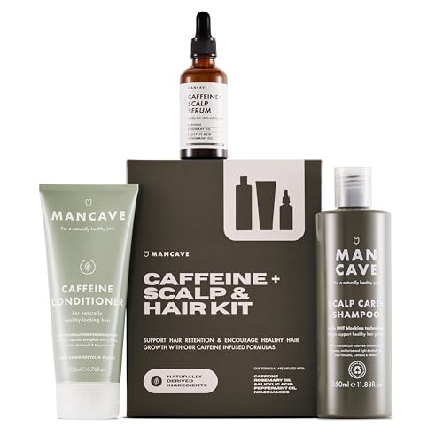 ManCave Koffein + Kopfhaut- und Haar-Set, 3 Haarpflege-Essentials die ultimative Lösung für Haar und gesündere Kopfhaut, Koffein-Shampoo, Koffein-Conditioner, Koffein+ Kopfhaut-Serum sulfatfrei, vegan
