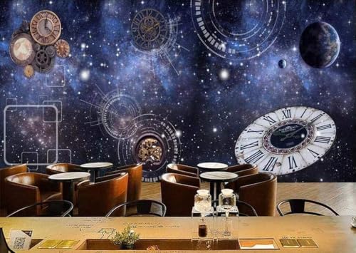 Blaue Kosmische Sterne Himmel Uhr Getriebe 3D Tapete Poster Restaurant Schlafzimmer Wohnzimmer Sofa TV Dekorative Wand-200cm×140cm