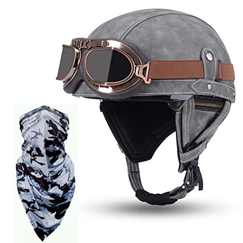 Jet-Helm Herren Retro Cruiser Bike Motorrad-Helm Mit Schutz-Brille Gesichtstuch, Erwachsene Jethelm Vintage Handgefertigte Leder Scooter-Helm Roller Motocrosshelm ECE-Zulassung