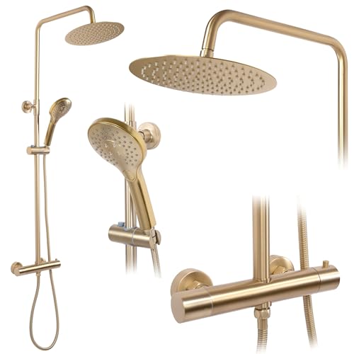 Rea Duschsäule mit Thermostat VINCENT Gold Brush Messing Duschsystem für Badezimmer (Gold)