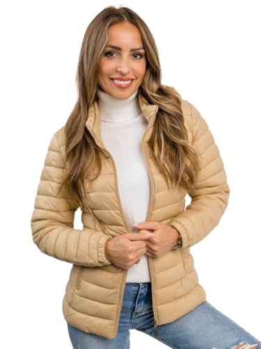 BOLF Damen Übergangsjacke Steppjacke mit Kapuze Stehkragen Daunenjacke Reißverschluss Sportjacke Zip Wärme Freizeit Sport Basic Outdoor Casual Style 16M9101 Beige XL [D4D]