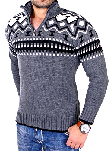 Reslad Herren Strickpullover Crewneck Zipper Norweger Pullover RS-3110 Anthrazit XL