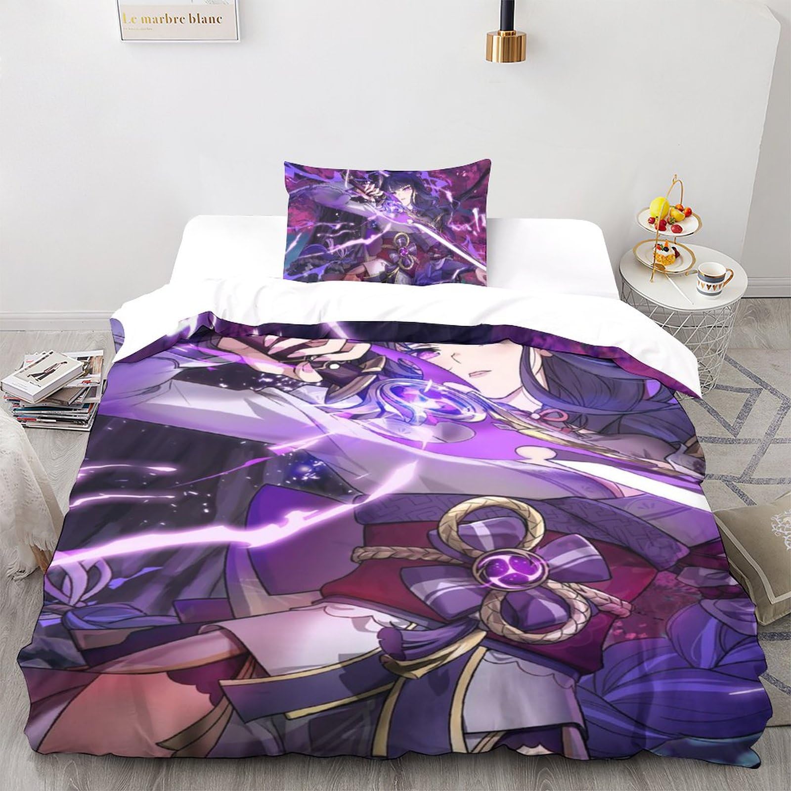 UKALOU Genshin Impact Moderne Raiden Shogun Bettwäsche-Sets Mit 3D-Print - 3-teilige Duvet-Cover-Sets Aus Mikrofaser Mit Verstecktem Reißverschluss Und Kissenbezügen Single（135x200cm）