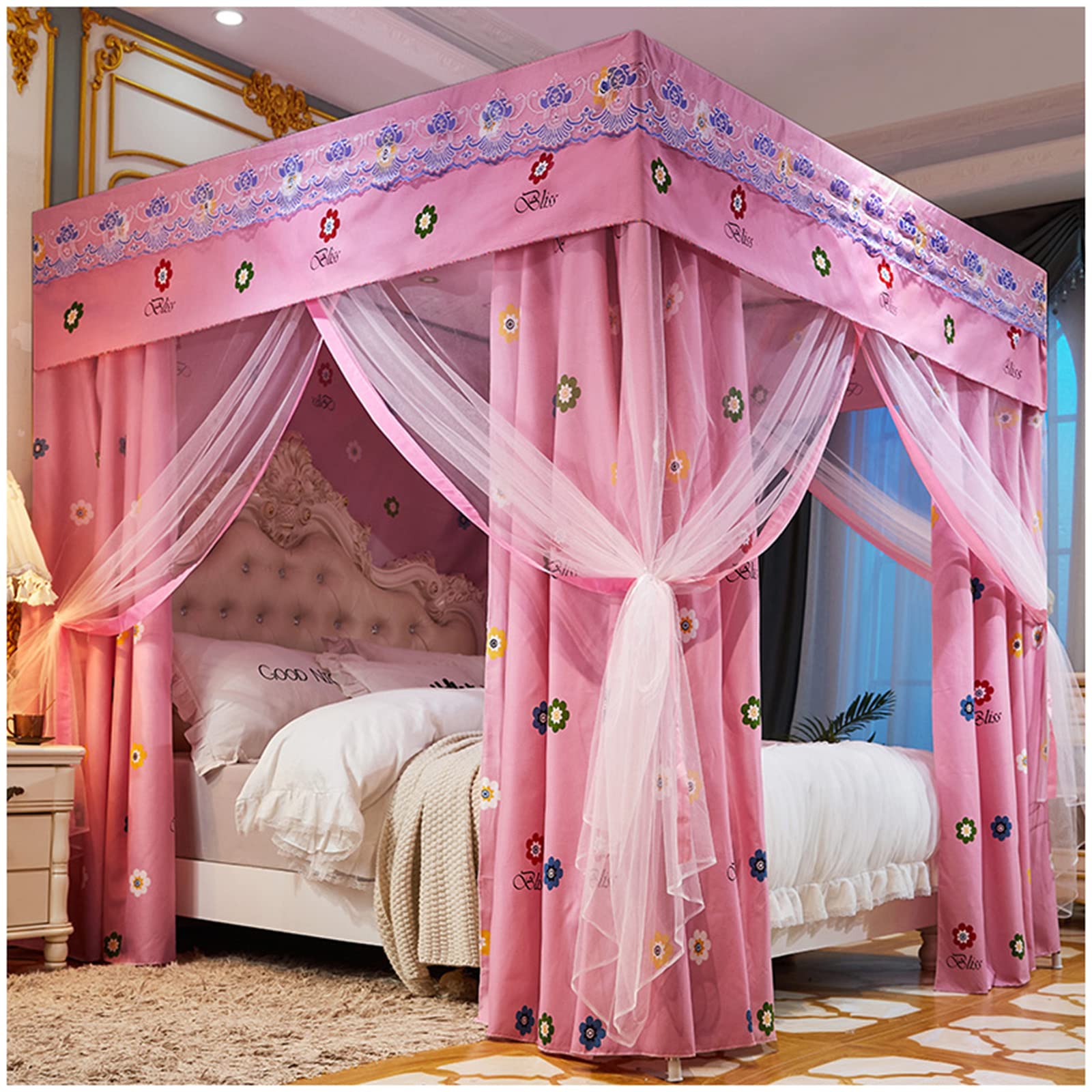 Moskitonetz Bett Rosa, Baldachin Rosa Vier Ecken Moskitonetz Princess 3 Seitenöffnungen Post Bett Vorhang Baldachin Netz Moskitonetz für Kingsize-Betten (pink,200 * 220 * 200)