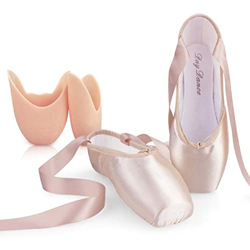 ZESLIV Ballettschuhe mit Silikon Zehenpads für Mädchen Kinder Damen Hautfarbe Satin Spitzenschuhe Tanzschuhe Ballettschläppchen Gr.31-43