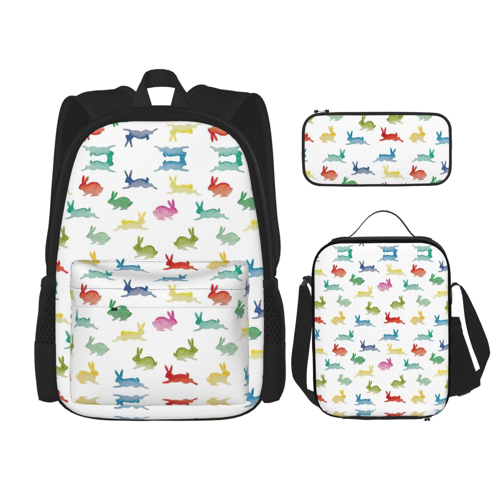 WURTON 3-in-1-Büchertaschen-Set mit Hasen in verschiedenen Posen, Springen, Lauf-Druck, Rucksack, Mädchen, Jungen, Schultaschen, Teenager, Lunchbox und Federmäppchen