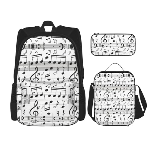 WURTON Rucksack mit Musiknoten-Druck, 3-in-1, Büchertaschen-Set, Lunchbox, Federmäppchen, Reise-Laptop, Tagesrucksäcke, Schwarz, Einheitsgröße