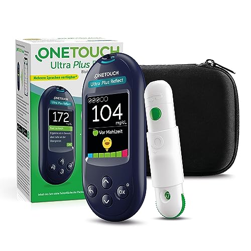 OneTouch Ultra Plus Reflect Messgerät in mg/dL: Set zur Blutzucker-Kontrolle mit 1 Messgerät + 10 Teststreifen + 1 Lanzettengerät + 10 Lanzetten im Etui (inkl. Batterien)