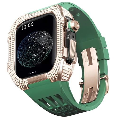 TONECY Edles Titangehäuse und Gummiband, kompatibel mit Apple Watch 45 mm, Lünette aus Titanlegierung und Fluorkautschuk-Band für iWatch Serie 8, 7, 45 mm Umbauset (Farbe: Grün 2, Größe: 45 mm)