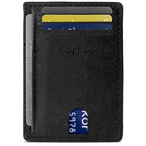 Corkor Geldbörse Herren Vegan Minimalistische Brieftasche Korkleder RFID Schutz Schwarz