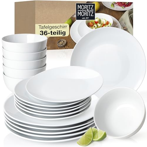 Moritz & Moritz BASIC 36-tlg. Geschirrset 12 Personen modern – aus hochwertigem Porzellan in klassischem Weiß – bestehend aus 12x Dinnerteller, 12x Dessertteller & 12x Schalen