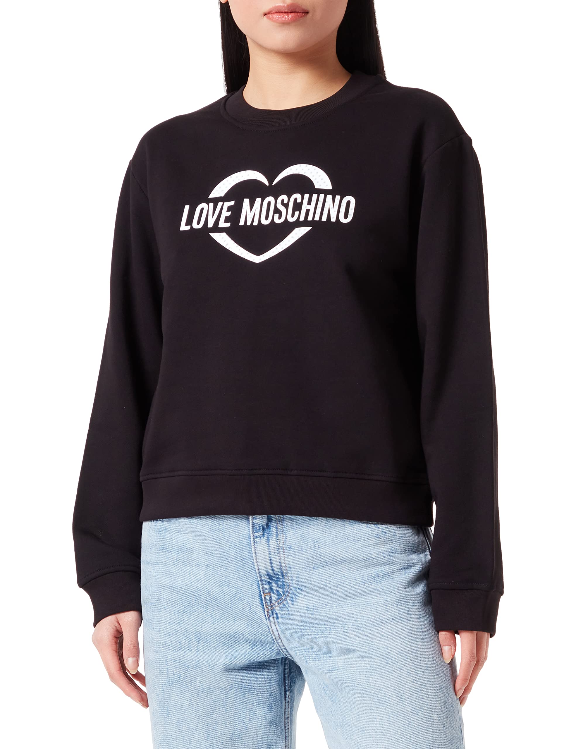 Love Moschino Women's Regular fit Roundneck Long-Sleeved with Heart Holographic Print Sweatshirt, Black, 38