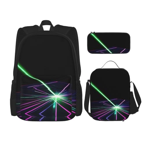 WURTON Laser-Lichter-Druck-Lunchbox, Federmäppchen, Rucksack-Set, 3-teilig, verstellbare Riemen, langlebig, leicht, Schwarz, One Size