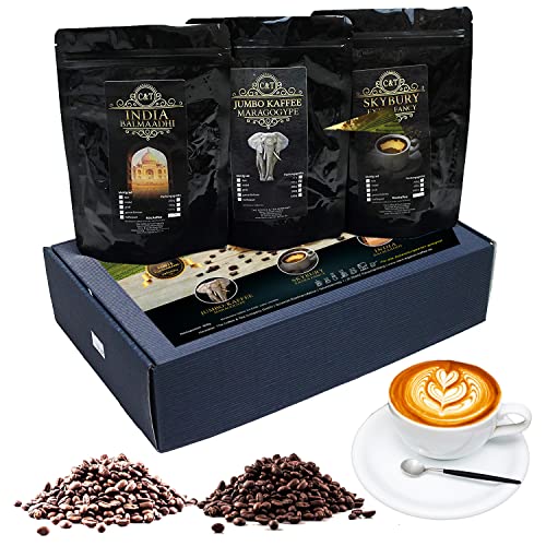 Geschenk Set exklusive Kaffee-Raritäten Jumbo-Kaffee (Maragogype), Skybury & India Balmaadi Spitzenkaffees (Ganze Bohne)