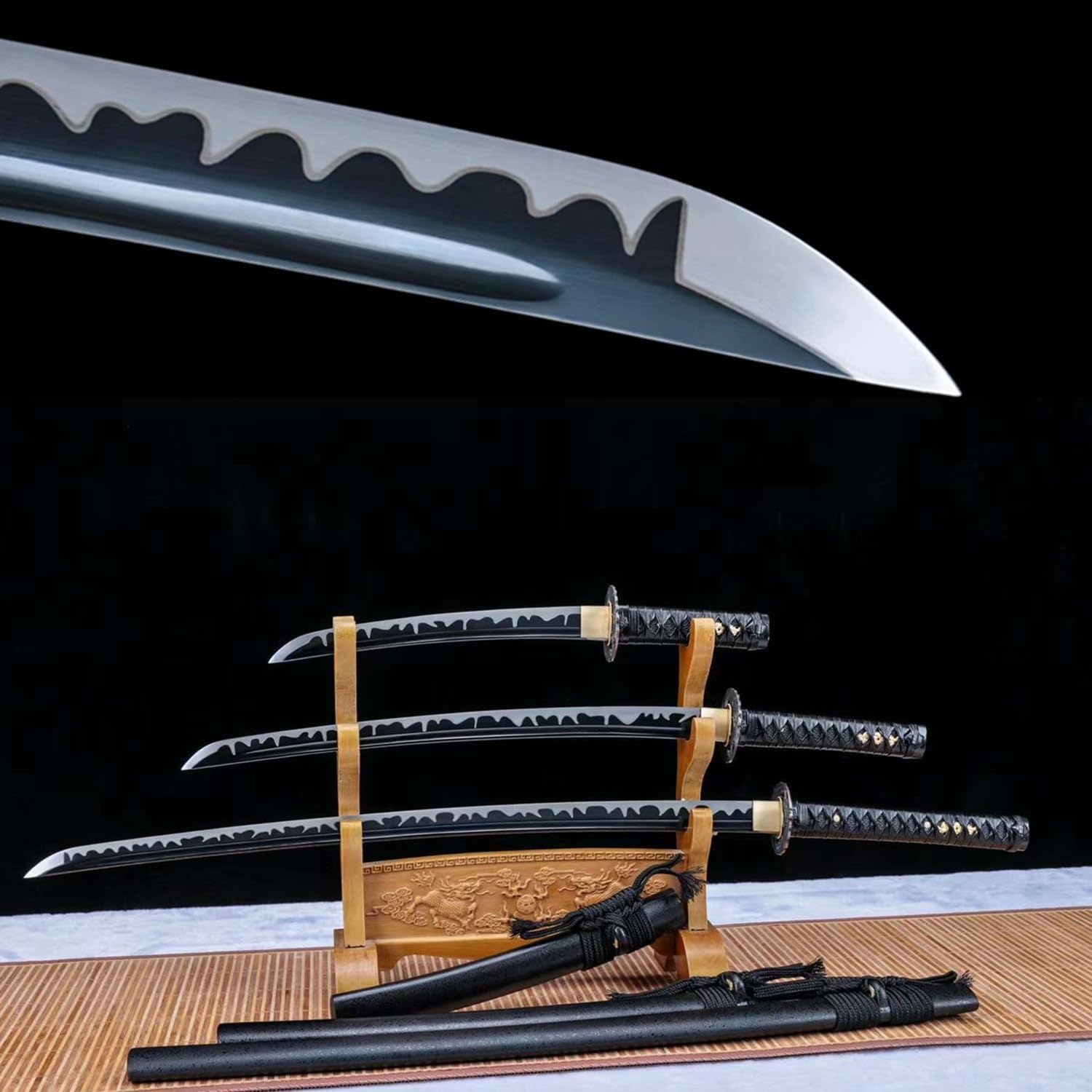 MAUXpIAO Schwert Samurai-Schwert 3-teiliges Set Scharfes Katana Handgeschmiedetes Hochmanganstahl-Geschenkdekoration und Überleben im Freien echt/A/103cm