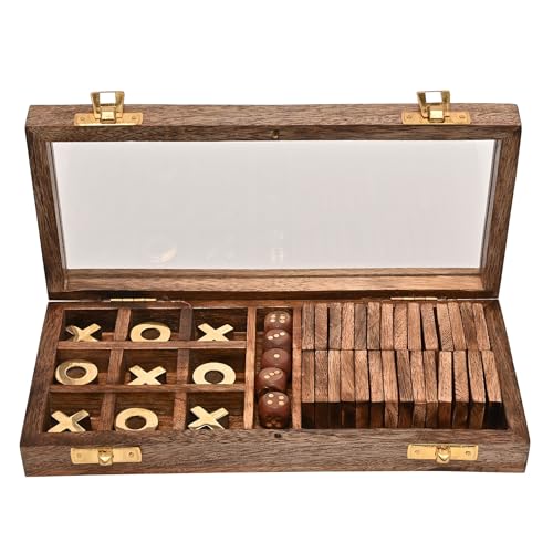 Widdop Harvey Makin Dominosteine, Tic Tac Toe- und Würfel-Set, braunes Mangoholz, anspruchsvolles, stilvolles Design, Geschenk für Ihn, Vatertag, Vatertag