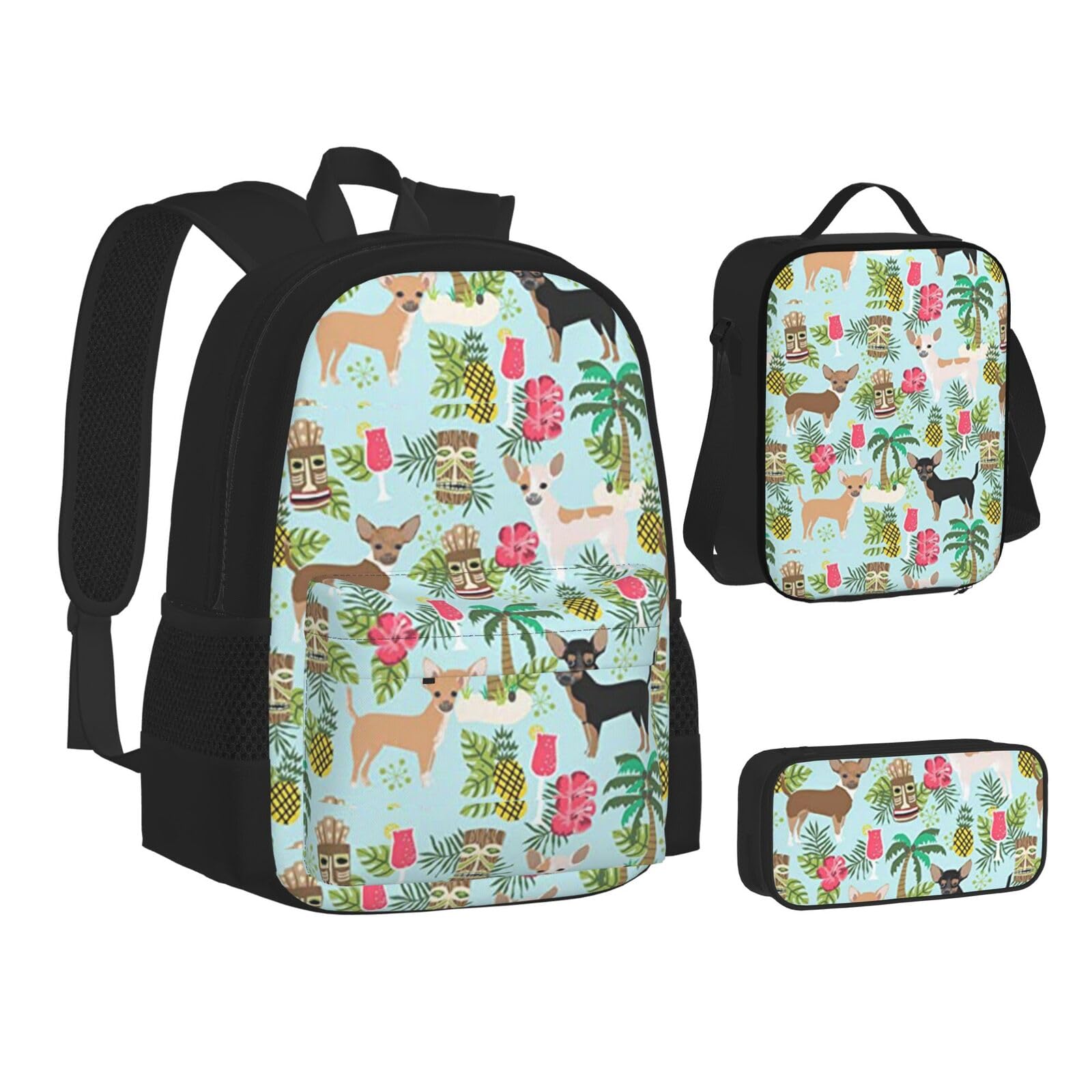 WURTON Rucksack mit Hunde-Ananas-Druck, Lunchbox-Set, 3-in-1, Schul-Büchertasche und Federmäppchen, passende Kombination