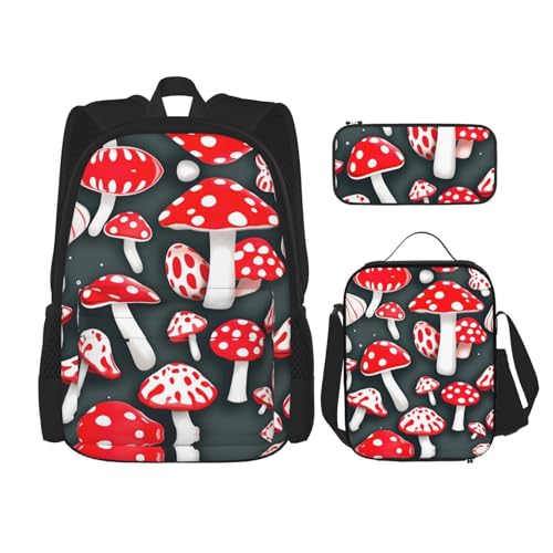 YQxwJL 3-in-1-Rucksack-Büchertaschen-Set, schwarzer Roboterdruck, lässiger Reiserucksack, mit Federmäppchen, Lunchtasche, Rot-weißer Pilz, Einheitsgröße