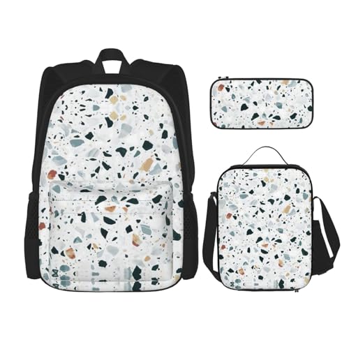 WURTON Terrazzo Marmor-Pastell-Druck, trendige Rucksacktaschen, Lunchbox und Federmäppchen, 3-in-1, verstellbares Rucksack-Set, Schwarz , Einheitsgröße