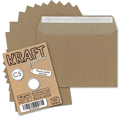 500x Vintage Brief-Umschläge DIN C5 Kraftpapier 140 g/m² - 229 x 162 mm - braun - innen grau - Recycling - Haftklebung I Umwelt by Gustav NEUSER®