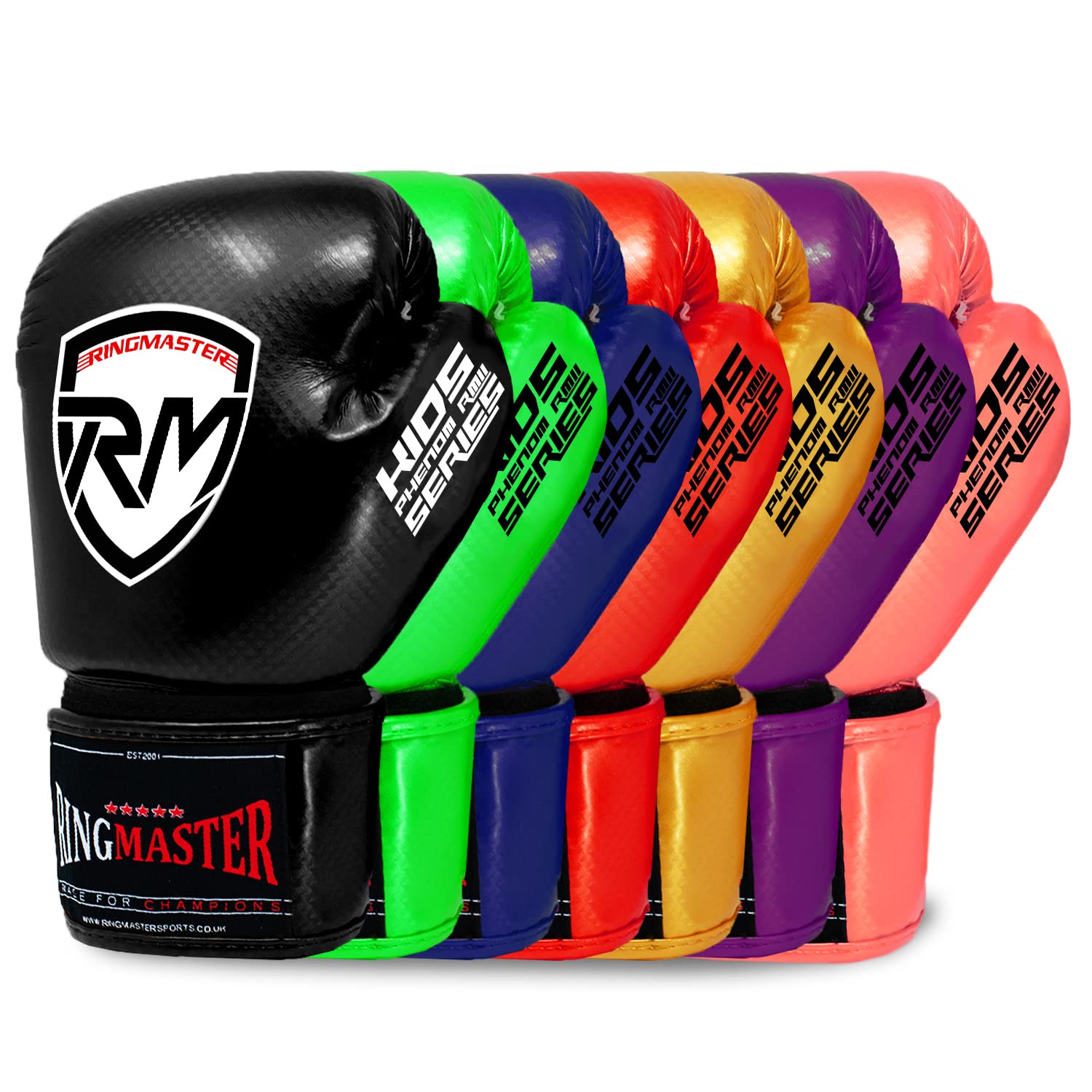 RingMasterUK Kinder Boxhandschuhe CarbonTECH Martial Arts Kickboxen Junior Stanzhandschuhe (Schwarz, 6 oz)