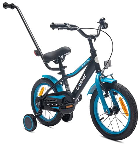 sun baby Jungenfahrrad 14 Zoll Jungen Kinderfahrrad Tracker Bike Leicht Stützräder mit Schubstange ab 2-6 Jahre BMX Fahrrad Kinder (Blau, 14 Zoll)