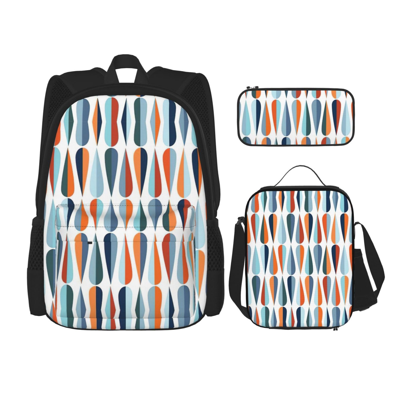 WURTON Mid-Century Rucksack, modernes Retro-Design, mit Tropfenformen-Druck, Schultasche mit Lunchtasche, Federmäppchen, Kombinations-Schultaschen-Set