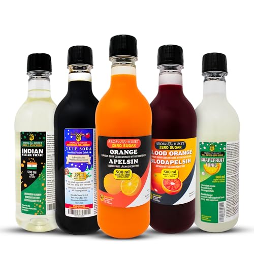 5er-Pack Aromhuset-Limonadenkonzentrat - Indian Tonic, Grapefruit-Tonic, Orangen, Blutorangen och Julmust Yule Soda