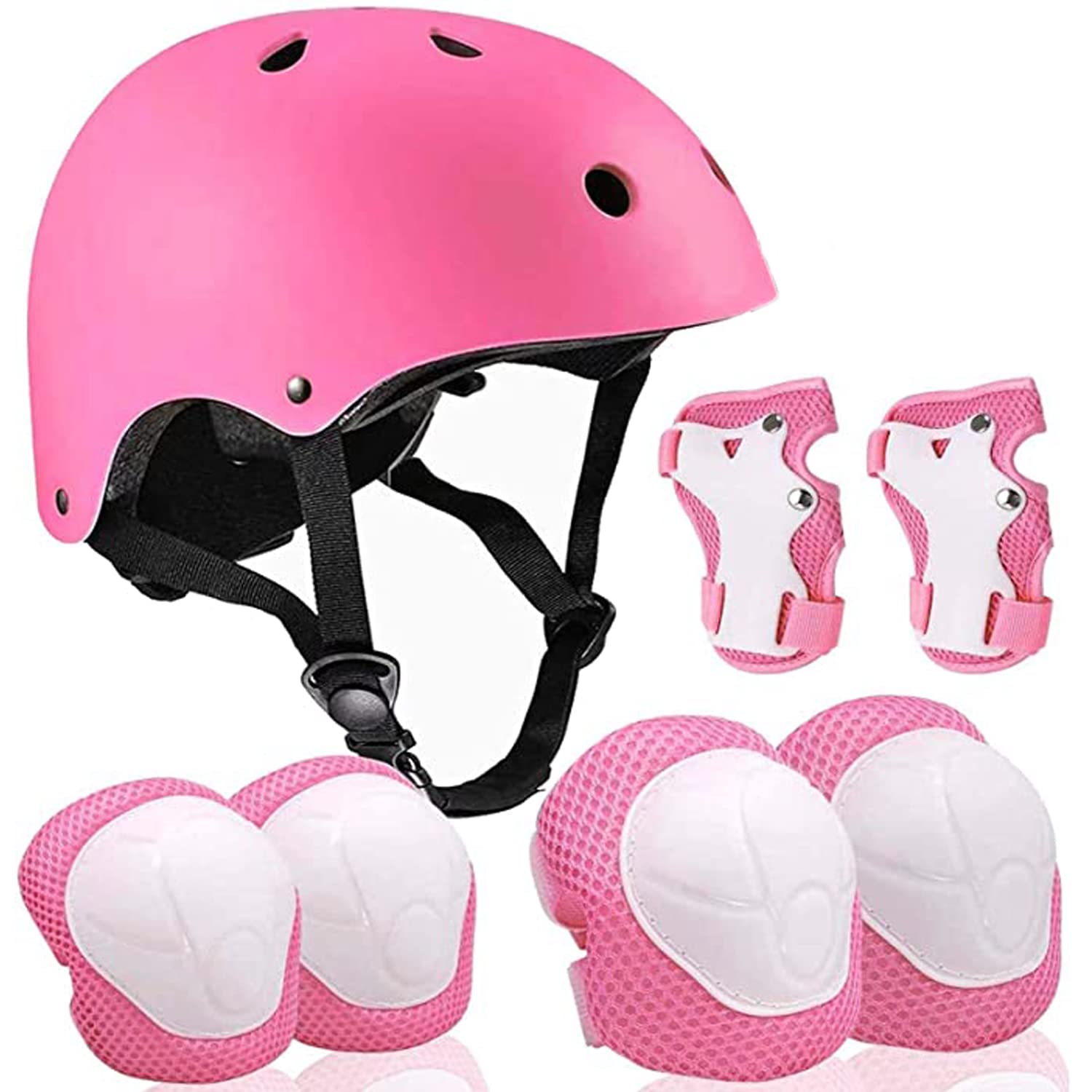 LOVMEAD 7 in 1 Schoner Set Kinder mit Helm für 3-8 Jahre, Einstellbar Protektoren Set Inliner Kinder mit Knieschoner Handgelenkschoner Ellenbogenschoner für Skate Skateboard Roller Radfahren (Rosa)