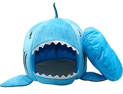 BADASS SHARKS Hai-Motive Hundehütte Hundebett Hundekörbchen Katzenbett mit Kissen Hundehaus Haustier Schlafsack für drinnen Waschbar Haus & Sofa 42cm (Blau-50cm)