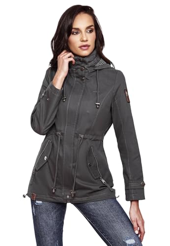 Marikoo Damen Jacke Frühling Übergangsjacke leicht Parka Mantel Kapuze B690 [B690-Nyok-Dunkelgrau-Gr.XS]