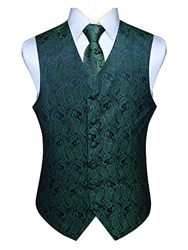 Enlision Herren Paisley Blumenhochzeit Jacquard Weste & Krawatte und Pocket Square Weste Anzug Set Grun