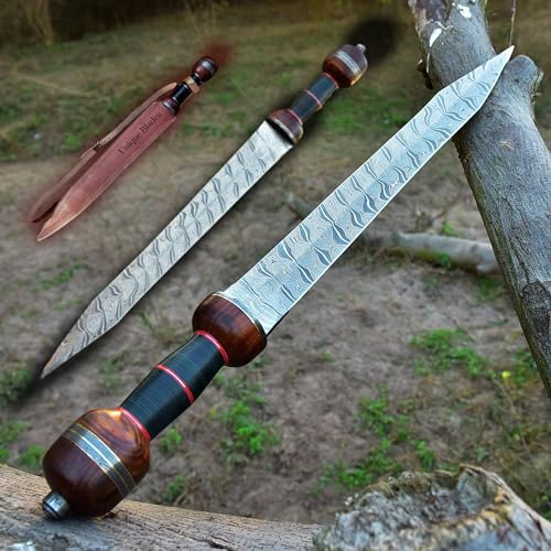 UNIQUE BLADES Schwert - 27 Zoll Damaststahl - Battle Ready-Roman Gladius Schwert "Full Tang" Cosplay/Rasiermesserscharf mit Scheide