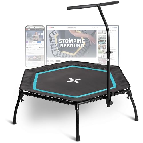 SportPlus Fitness Trampolin klappbar für zuhause, mit höhenverstellbarer Haltestange, gelenkschonend, weiche Gummiseilfederung, sehr leise & bis 130 kg belastbar, Petrol