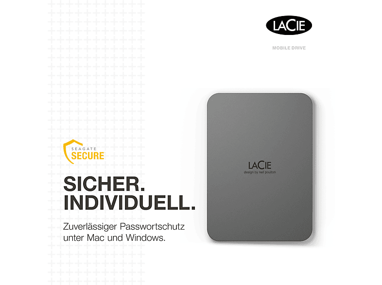 LACIE Mobile Drive Secure Festplatte, 2 TB HDD, 2,5 Zoll, extern, Space Grey