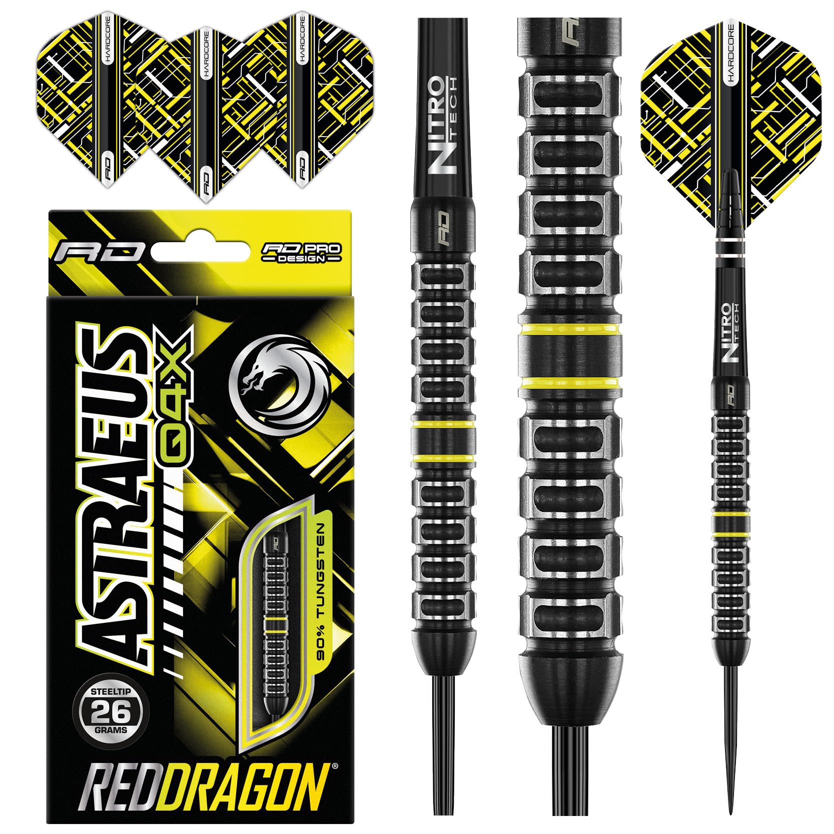 RED DRAGON Astraeus Q4X Paralleles 26 Gramm Premium Wolfram Steeltip Dart Set mit Flights und Schäften