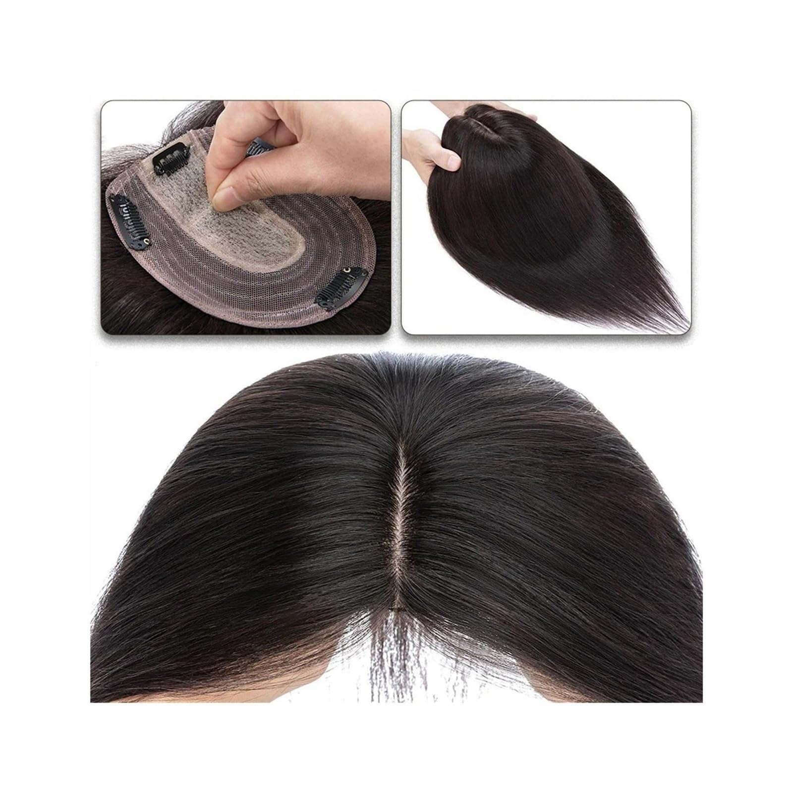 Haartopper für Frauen Haaraufsätze for Frauen, 15,2–45,7 cm, Mittelteil, Echthaaraufsatz, Haarteil, 10 x 12 cm, Seidenbasis mit 4 Clips, glatter Haaraufsatz for dünner werdendes Haar, Haarausfall Haar