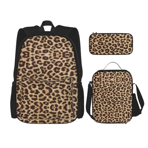 WURTON Schulrucksack-Set mit Leopardenmuster, 3-in-1-Büchertaschen-Set mit Lunchbox, Federmäppchen, Reise-Laptop-Tagesrucksäcke