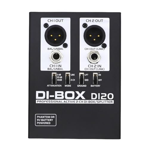 Pluuttiem Audio Active DI BOX, Professionelle DIRECT BOX, Rauscharmer Gitarren-Bass-DI-2-Kanal-Audiokonverter, Mehrzweck-Audiomixer