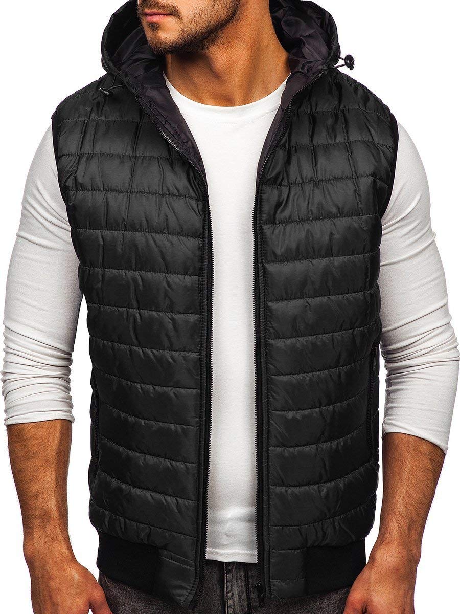 BOLF Herren Weste mit Kapuze Steppweste Bodywarmer Kapuzenweste Daunenweste Reißverschluss Weste Ärmellose Sportweste Zip Wärme Freizeit Outdoor Style J.STYLE MY88 Schwarz L [4D4]