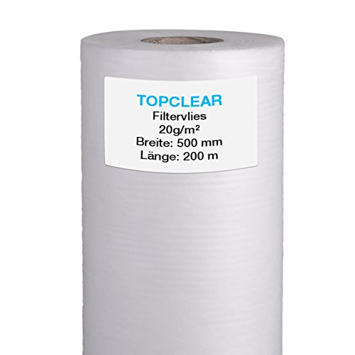 Filtervlies für Vliesfilter | Vliesrolle 200m x 50cm 20g/m² | für alle Koi Teich Vlies-Filter geeignet | hydrophiles wasserdurchlässiges Fleece | 500mm Topclear Filtervlies in Profiqualität