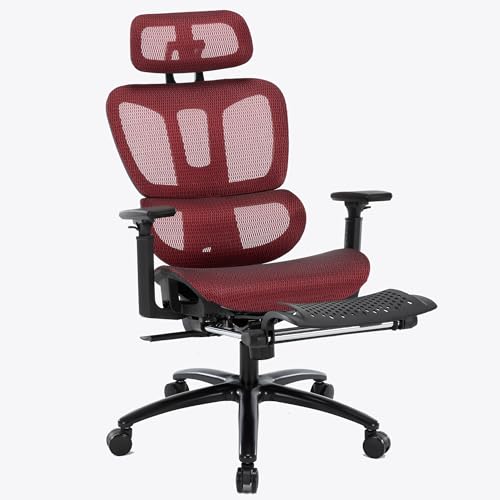 TRISENS Bürostuhl in moderner Mesh-Optik mit Fußstütze ergonomischer Drehstuhl mit Nacken und Lordosenstütze - Gamingstuhl mit atmungsaktiver Netzrückenlehne und Wippfunktion, Farbe:Schwarz/Rot