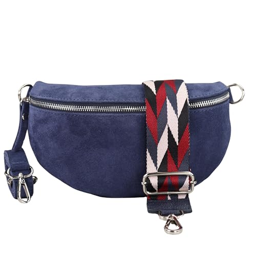 BLADE Bauchtasche Damen, Handgemachte Wildledertasche, Crossbody Bag, Gürteltasche Echtes Leder mit 2 abnehmbaren/verstellbaren breiten Gürteln, Umhängetasche aus Italien, Geschenk für Sie -Navy