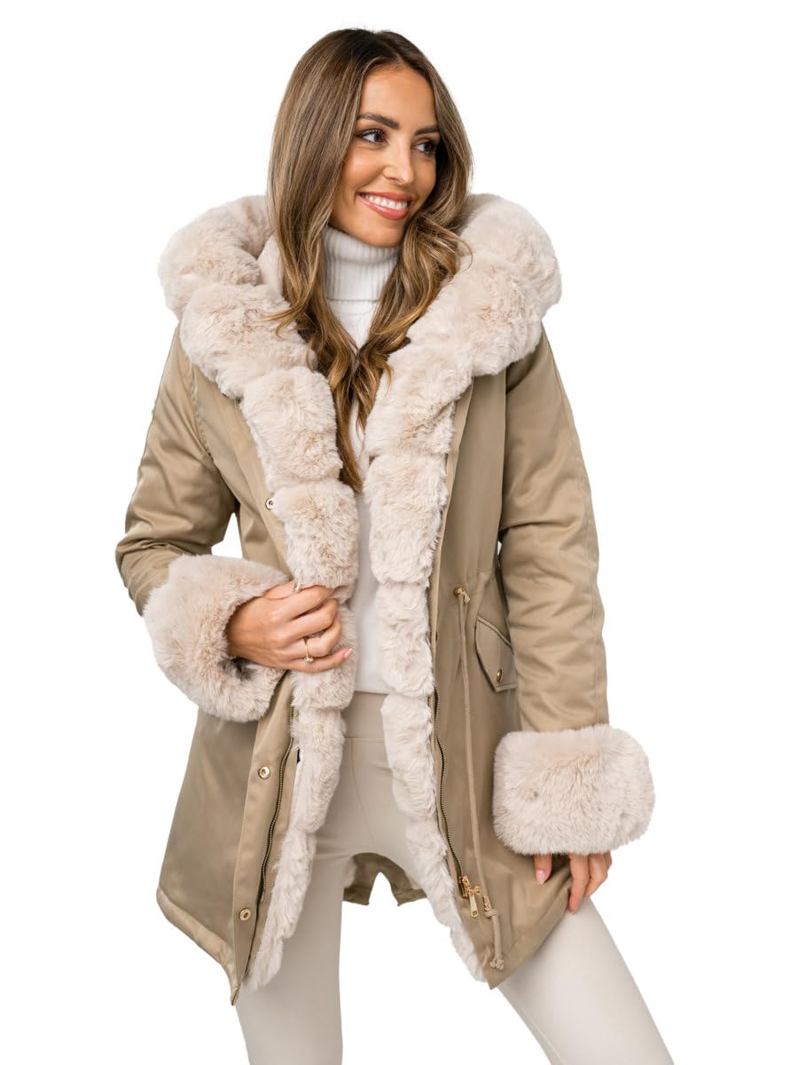 BOLF Damen Winterjacke Parka Gefüttert mit Kunstfell Kapuze Wintermantel Lange Steppjacke Daunenjacke Puffermantel Sportjacke Warm Gefüttert Freizeit Outdoor Casual Style B553 Beige XL [D4D]