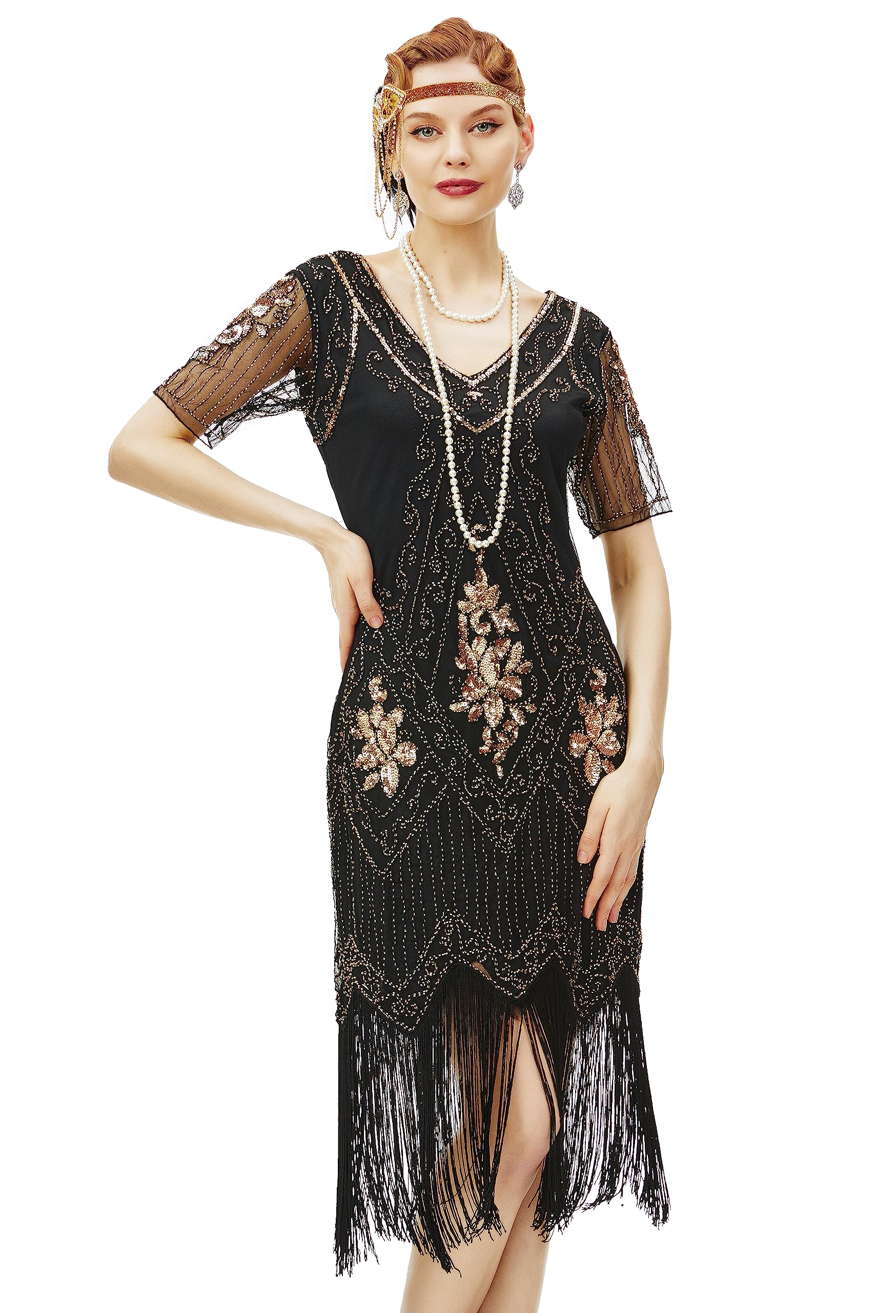 BABEYOND 1920s Kleid Damen Flapper Kleid mit Kurzem Ärmel Gatsby Motto Party Damen Kostüm Kleid (SchwarzGold, XL)