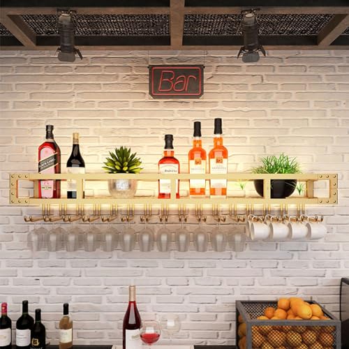 HSJFS Weinregal Bar Regale Wand Montiert Mit Wein Glas Halter Alkohol Regal Mini Bar Glas Regale Whiskey Regal Wand Bar Schrank Alkohol Flasche Display Speicher Regal Für Home Bar Esszimmer Küche/D-Si