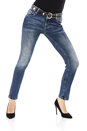 Cipo & Baxx Damen Jeanshose Straight Denim Slim Fit Flügelstickerei Pants Jeans WD471 Blau W30 L32