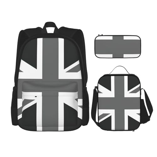 WURTON Schulrucksack mit Nationalflagge des Vereinigten Königreichs, 3-in-1, Büchertasche, Set mit Lunchbox, Federmäppchen, Reise, Laptop, Tagesrucksack