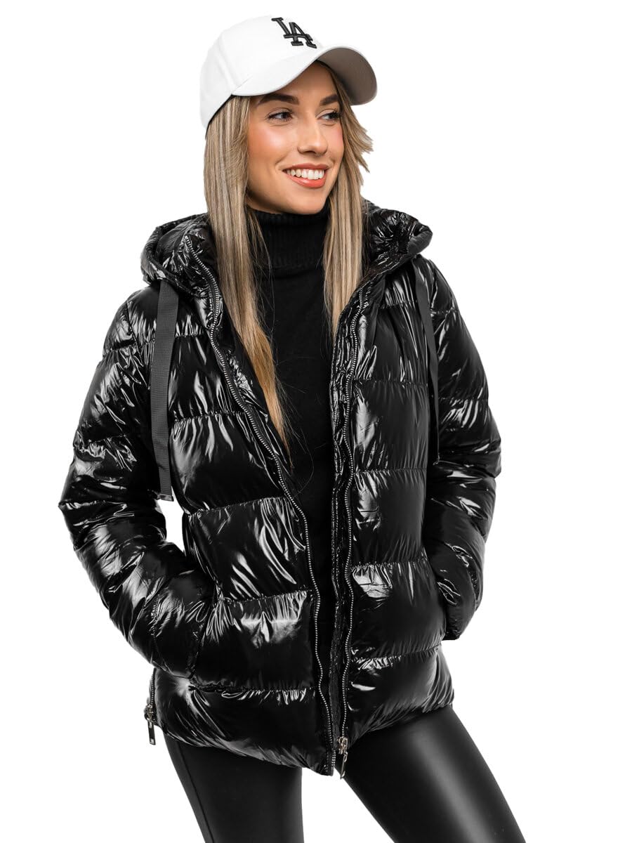 BOLF Damen Winterjacke Parka Gefüttert mit Kunstfell Kapuze Wintermantel Lange Steppjacke Daunenjacke Puffermantel Sportjacke Warm Gefüttert Freizeit Outdoor Casual Style 5M3172 Schwarz L [D4D]